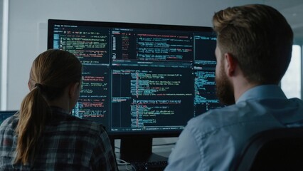 A group of IT specialists write software code for their client