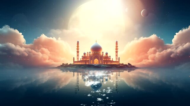 Mosque scene in cloudy heaven or interstellar, animated virtual repeating seamless 4k	
