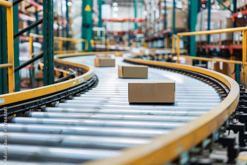 Poster conveyor belt in a warehouse moving boxes efficiently symbolizing logistics automation and the fast-