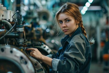 Fototapeta na wymiar Confident woman operating machinery in an automotive factory Showcasing skill Precision And empowerment in a traditionally male-dominated industry