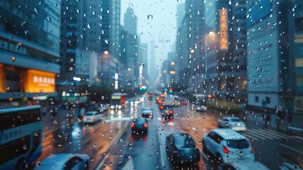 Photograph of busy city street, taken at dusk on a rainy day, water beading on glass, camera focus on window. AI generative - obrazy, fototapety, plakaty