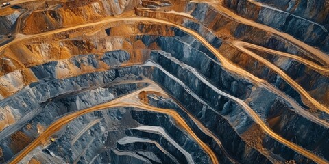 Bird s eye view of industrial terraces on mineral mine Opencast mining Drone s eye view, Generative AI 