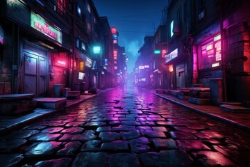 a cobblestone street in a futuristic city at night with neon lights