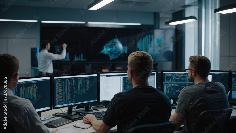 Aufkleber a group of it specialists write software code for their client