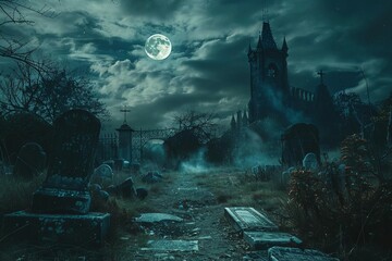 Halloween graveyard scene leading to a castle Under a spooky night sky with a full moon Creating an eerie and atmospheric setting