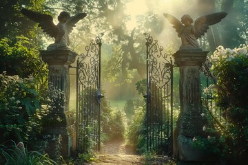 Heavenly gates opening into a lush garden paradise With ethereal light and welcoming angels