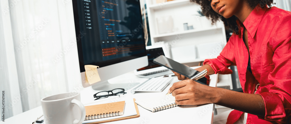 Poster young working african woman creating coding website developer, thinking data information designer at