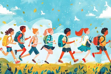 Illustration of kids running to school Capturing the excitement and energy of a new academic year