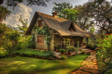 Fototapeta na wymiar A quaint countryside cottage nestled amidst rustic surroundings, exuding charm and coziness