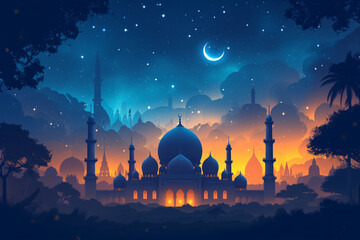 Silhouette of an Islamic mosque under a starry night sky with a crescent moon, evoking the Ramadan spirit.