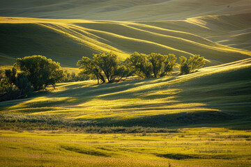 Golden sunlight bathes rolling meadows, casting warm hues and a sense of tranquility