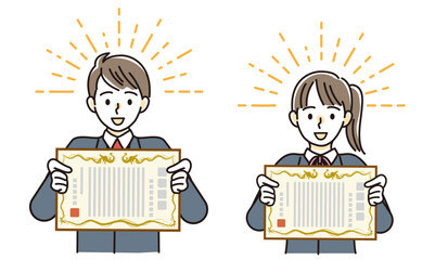 卒業証書を持って嬉しそうな男女学生