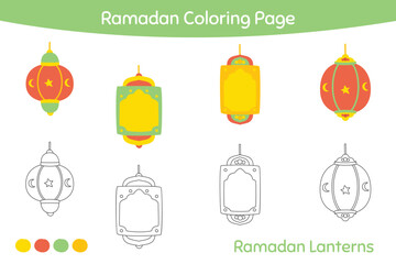 Cute colorful Ramadan lanterns, outline cartoon vector for kids coloring page. Printable Ramadan coloring page template cartoon vector.