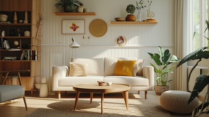 Interior design of modern elegant living room inspired by scaninavian style 