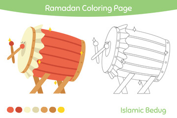 Cute red Ramadan bedug outline cartoon vector for kids coloring page. Printable Ramadan coloring page template cartoon vector.