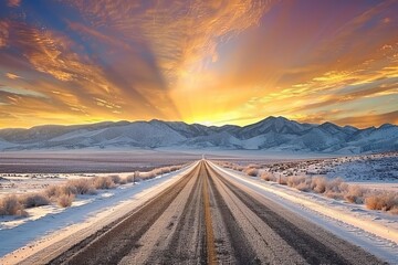 Scenic desert road stretching into a breathtaking sunset - obrazy, fototapety, plakaty