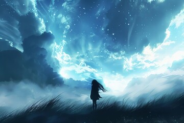 Silhouette of a person standing alone against a majestic and ethereal fantasy landscape Looking up at a sky filled with stars and clouds Evoking feelings of wonder Solitude And introspection - obrazy, fototapety, plakaty