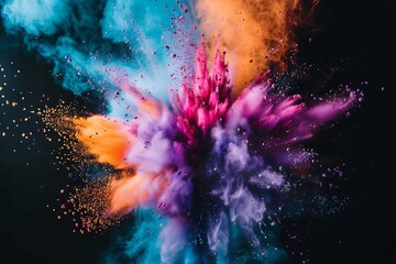 Vibrant explosion of multicolored powder Capturing the dynamic energy and joy of color in motion Isolated on a dark background for dramatic effect