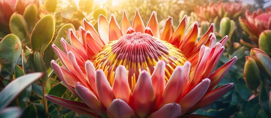 Beautiful protea flowers in the botanical garden, stock photo
