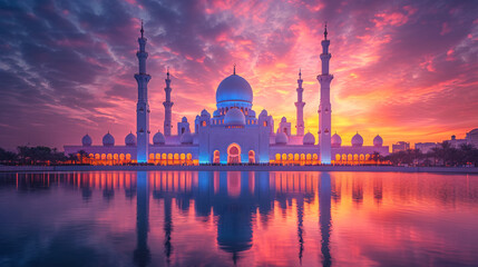 Sunset view of a Mosque with vibrant sky colors reflected in water, symbolizing peace and Islamic culture. - obrazy, fototapety, plakaty