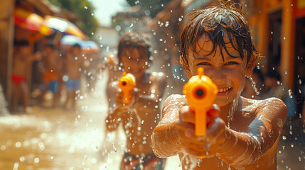 Songkran Festival Thailand, Thai kids play with guns at the street