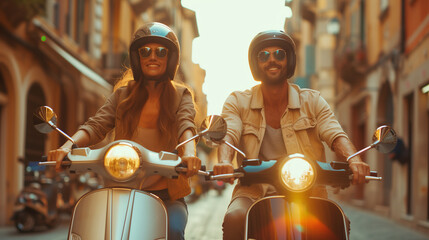 a couple on a retro vintage scooter traveling in Europe, smiling men and a woman on a scooter in a city in Italy 