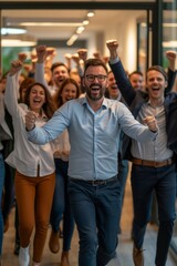 Corporate Business Photography of a Triumphant Group of Business Leaders Celebrating a Successful Project Completion, Generative AI