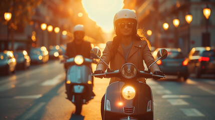 a  young couple on a retro vintage scooter traveling in Europe, a man and a woman on a scooter in a city in Italy at sunset