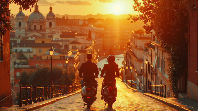 a couple on a retro vintage scooter traveling in Europe, men and a woman on a scooter in a city in Italy at sunset