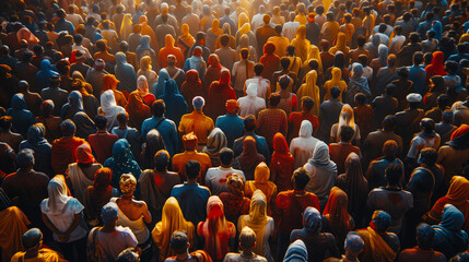 High angle view of crowds of people covered in colour at Holi, a Hindu spring festival