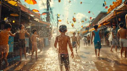 kids at Songkran Festival Thailand, a crowd of people playing with water on the street, Thai Songkran Festival, Thai New Year in Thailand a festival where people play with water at sunset - obrazy, fototapety, plakaty