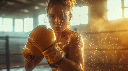 A Thai Female boxer hits a huge punching bag at a boxing studio. Woman Muay Thai boxer training hard with sweating body and water splashing drops