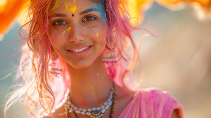 Holi Festival Of Colours. Portrait of happy young indian girl in traditional hindu sari on holi color . india woman silver jewelry with powder paint on dress ,colorful pink and blue hair in Goa Kerala - obrazy, fototapety, plakaty