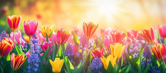 Spring Serenity - Abstract Defocused Background with Tulips and Hyacinth Flowers, Bathed in the Warmth of a Sunlit Field. Made with Generative AI Technology - obrazy, fototapety, plakaty