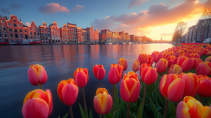  tulips in front of Amsterdam row houses, city scene, colorful Spring season in the Netherlands, colorful tulips in Amsterdam city - obrazy, fototapety, plakaty
