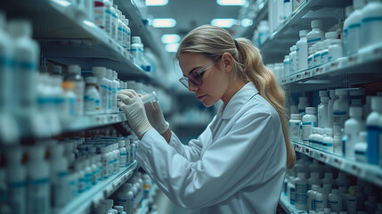 Female pharmacists checked inventory at the hospital pharmacy. Hospital staff stocktaking in drugstore