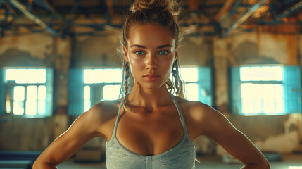 A female boxer punching bag at a boxing studio. Woman boxer training hard in the gym, sweating women in the gym boxing - Powered by Adobe