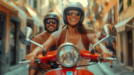 a smiling couple on a retro vintage scooter traveling in Europe, smiling men and a woman on a scooter in a city in Italy