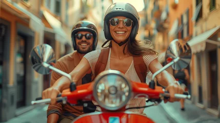 Fotobehang  a smiling couple on a retro vintage scooter traveling in Europe, smiling men and a woman on a scooter in a city in Italy © Fokke Baarssen
