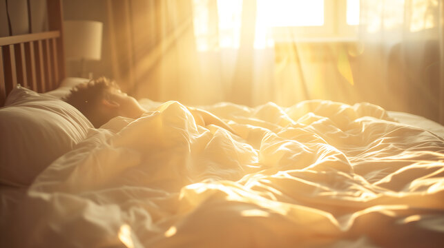 Young man sleeping comfortably in a bed with soft morning sunlight. National bed month concept - Powered by Adobe