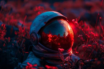 Foto op Plexiglas Astronaut helmet with red backlight inside, in a flower meadow, dreamy lighting, anamorphic optics © INTHEBLVCK
