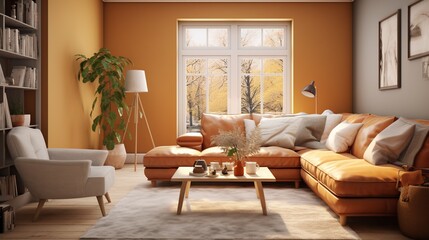 Interior design of modern contemporary living room with elegant color palette
