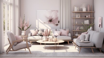 Interior design of modern contemporary living room with elegant color palette