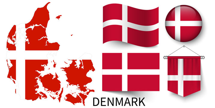 The various patterns of the Denmark national flags and the map of Denmark's borders