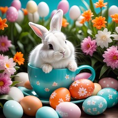 A small bunny in a cup, surrounded by flowers and Easter eggs. Illustration by Generative AI.