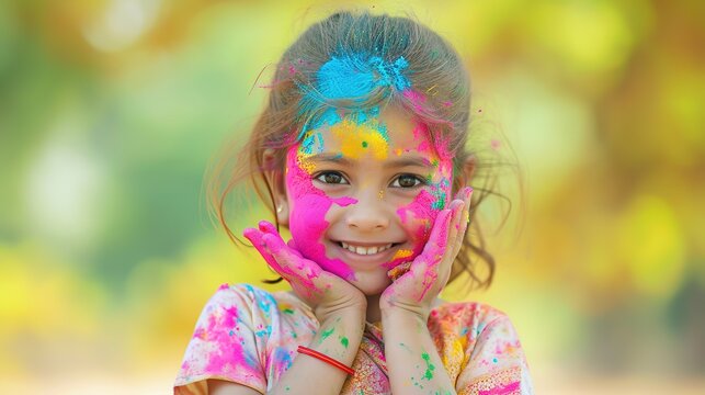 holi spring festival, portrait joyful child playing with holi colors, kids festive activities and drawing classes concept banner.