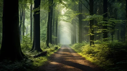 Photo sur Plexiglas Route en forêt Mystical forest pathway with sunbeams filtering through the trees, creating a serene and magical atmosphere.