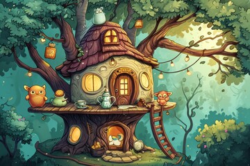 Obraz premium Cartoon cute doodles of a snug treehouse, with characters enjoying tea and biscuits in a cozy, treetop retreat, Generative AI