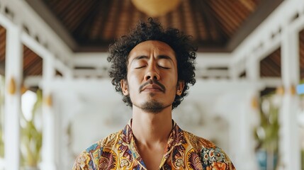 man meditating peacefully with eyes closed against a warm bokeh background, embodying concepts of wellness, mental health, and spiritual retreats.