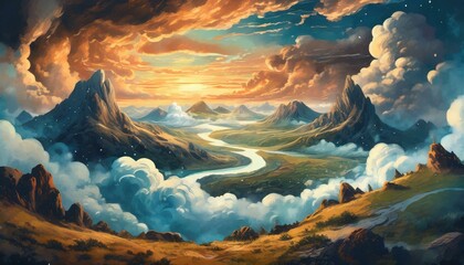 Landscape illustration where clouds descend to touch the earth, creating an otherworldly atmosphere filled with wonder and mystery
